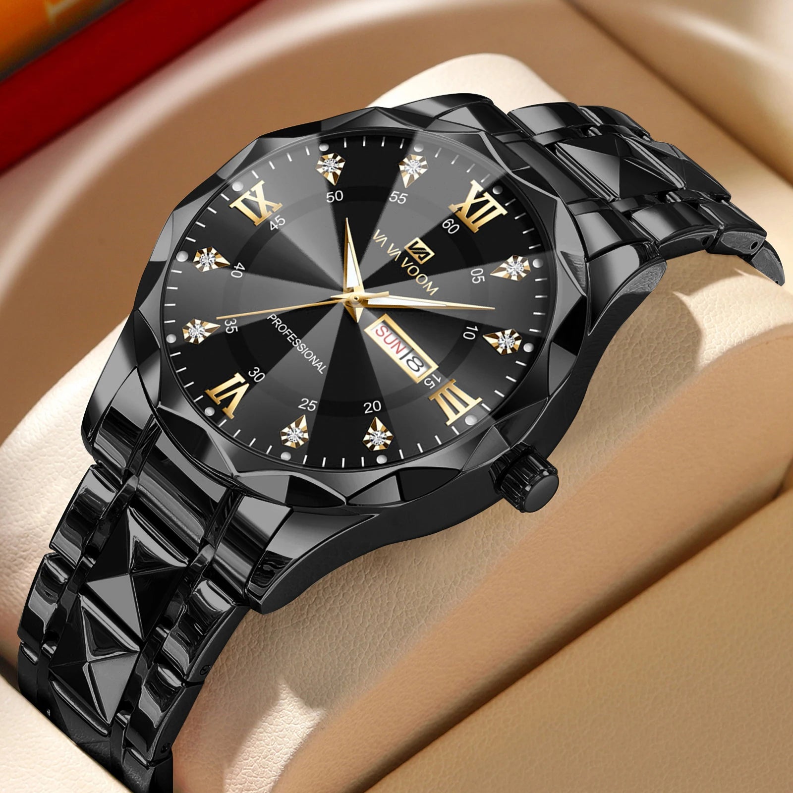 VA VA VOOM Hot Selling Original Blue Gold Quartz Watch Men Fashion High Quality Rhombus Design Fashion Business Japanese Movement Gold Stainless Steel Fashion Clock Sports Gift Watch for Men mbzr