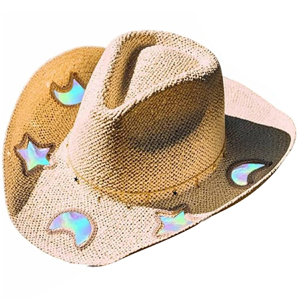 Straw Beach Sun Hat Cowgirl Hat Shaped Vintage Summer Woven Sun Hat