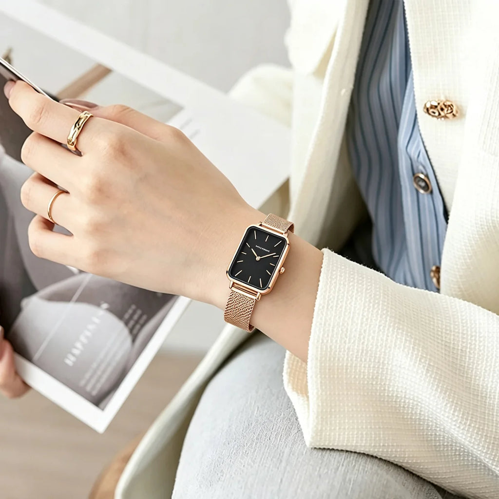 Hannah Martin Women Watch 34mm Simple Design Square Dial Lightweight Japanese Quartz Movement Rose Gold Stainless Steel Mesh Strap Classic Watch US Local Fast Shipping Surprise Gift Watch