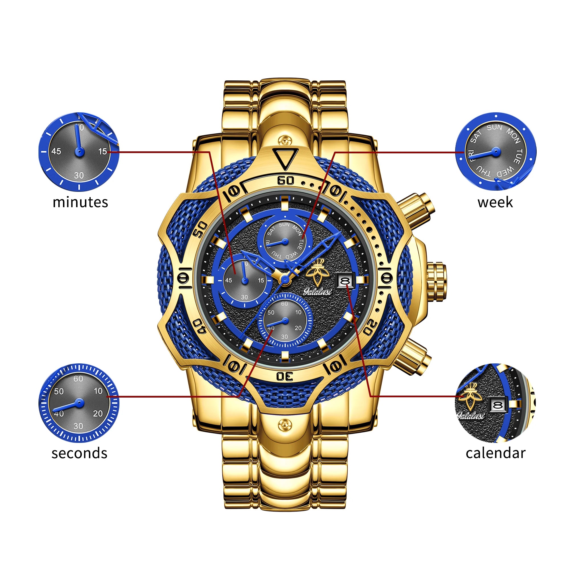 YaLaLuSi Men's Sport Chronograph Watch, Multi-Function Quartz Wristwatch with Gold Tone Bracelet, Multiple Colors Available, Ready-to-Gift Set
