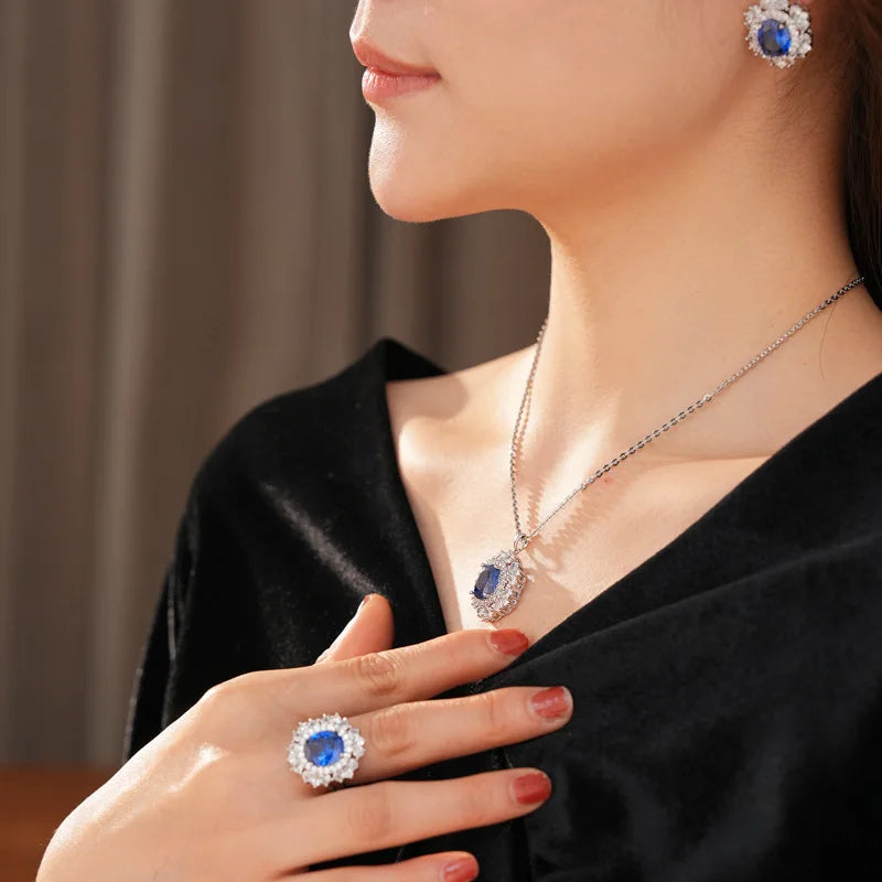 Medium Vintage Inlaid Rhinestone Three-piece Jewelry Set Oval Ring Earring Light Luxury Fashion Necklace Accessories Set mbzr
