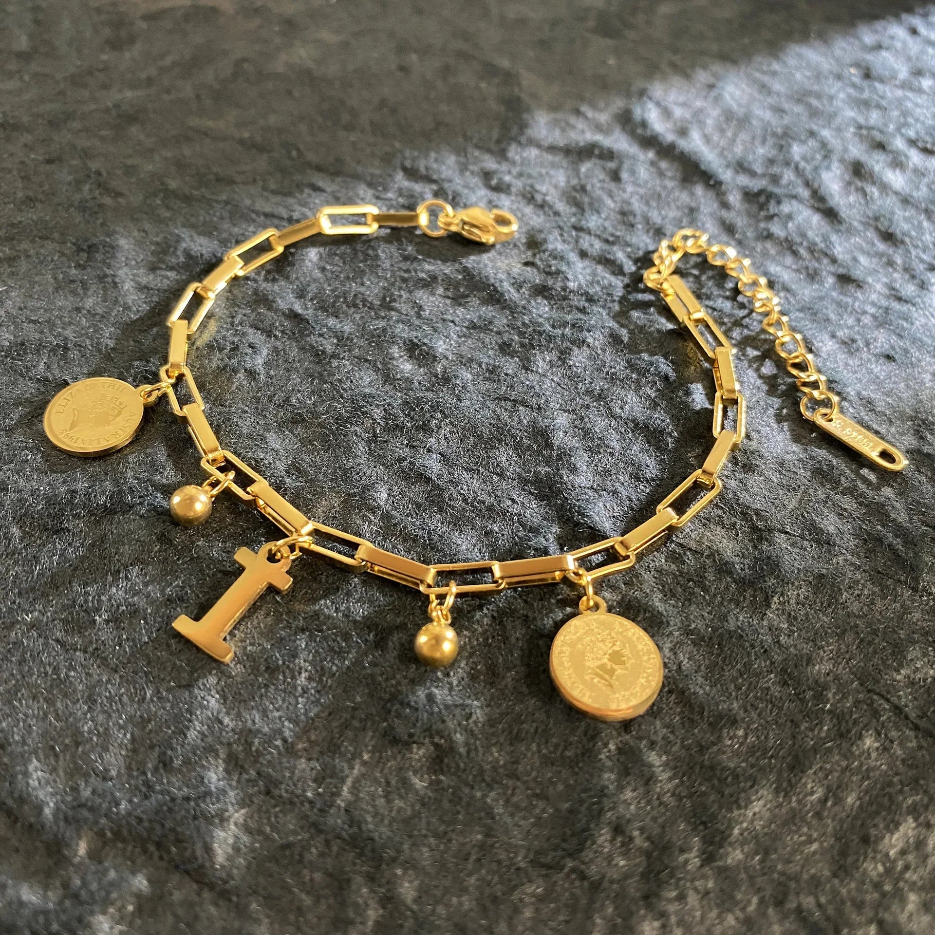 1pc Queen Coin Letter plated Stainless Steel Bracelet for Women Small Bell Pendant Adjustable Bracelet Classic Jewelry Gift