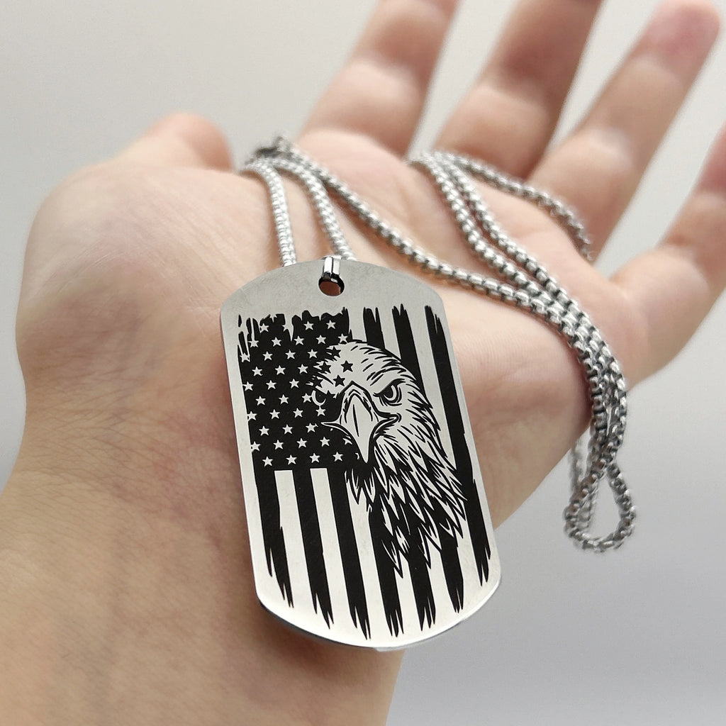 Stainless Steel Pendant Necklace - Engraved Dog Tag Design with Black Chain, Perfect for Independence Day, Jewelry Gift