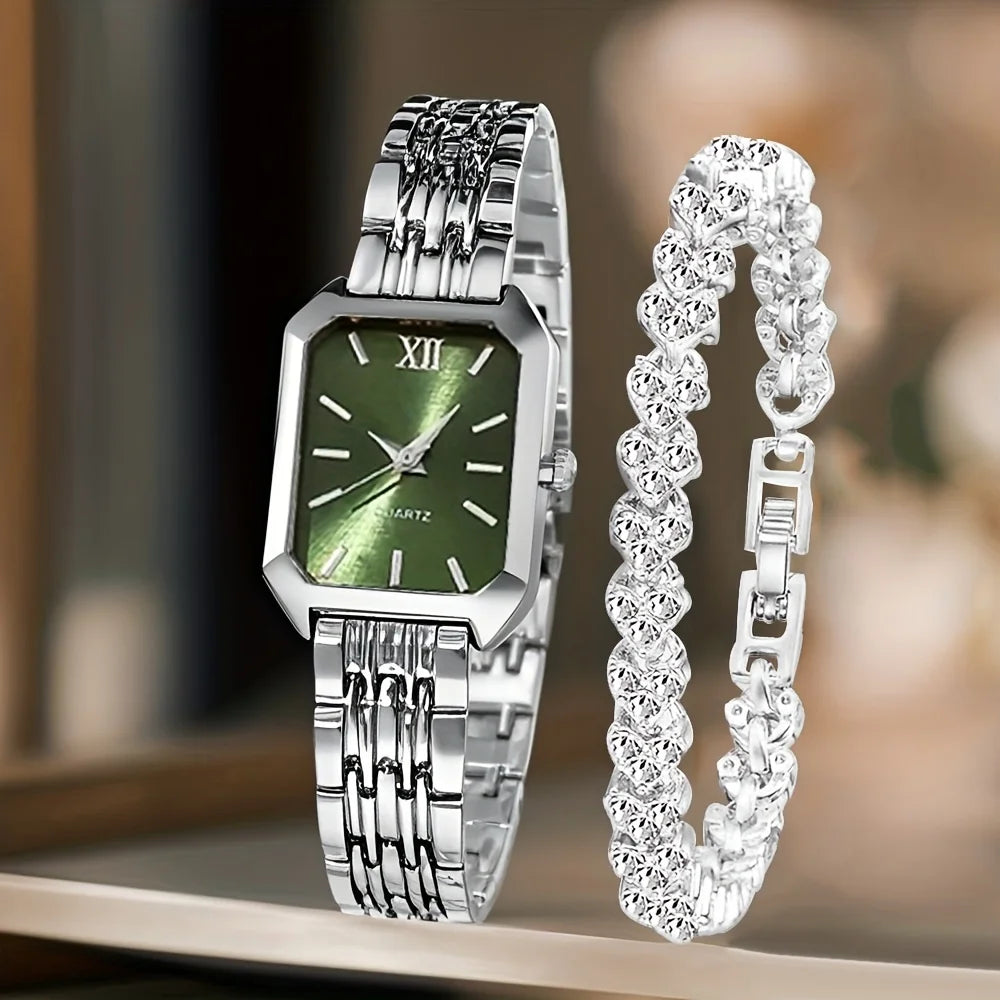 2PCS Fashion Rectangle Women Quartz Watch Rhinestone Bracelet Set Ladies Roma Dial Wristwatch Reloj Mujer Girls Clock Gift mbzr
