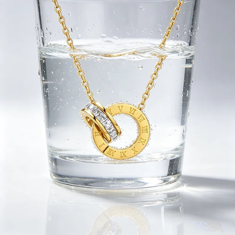 Women Vintage Roman Numeral Interlocking Ring Necklace, 13mm Double Circle Inlaid Zircon Pendant, 316 Stainless Steel Adjustable 50+5cm Chain, Hypoallergenic Waterproof Fade Resistant Daily Wear Jewellery