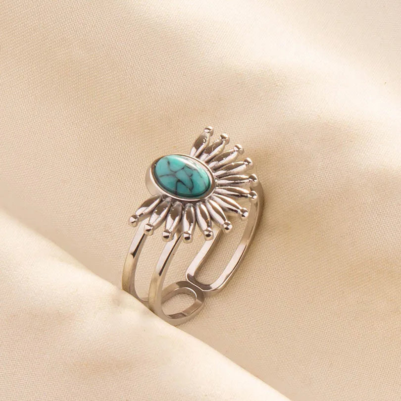 1pc Stainless Steel Boho Turquoise Open Finger Rings Trendy Adjustable Women Multi Layers Stackable