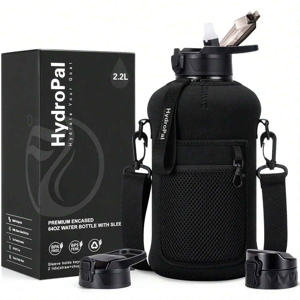 UKEIN Half Gallon Water Bottle With Storage Sleeve, 74oz Large Water Bottle With 2 Lids(Straw Lid And Chug Lid), Big Sports Wate mbzr