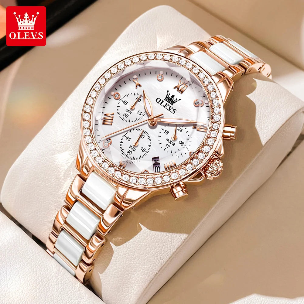 OLEVS 9999 Women Watch Brand Original Elegant Waterproof Chronograph Luxury Ceramic Dress Pink Women Quartz Watch Reloj Mujer mbzr