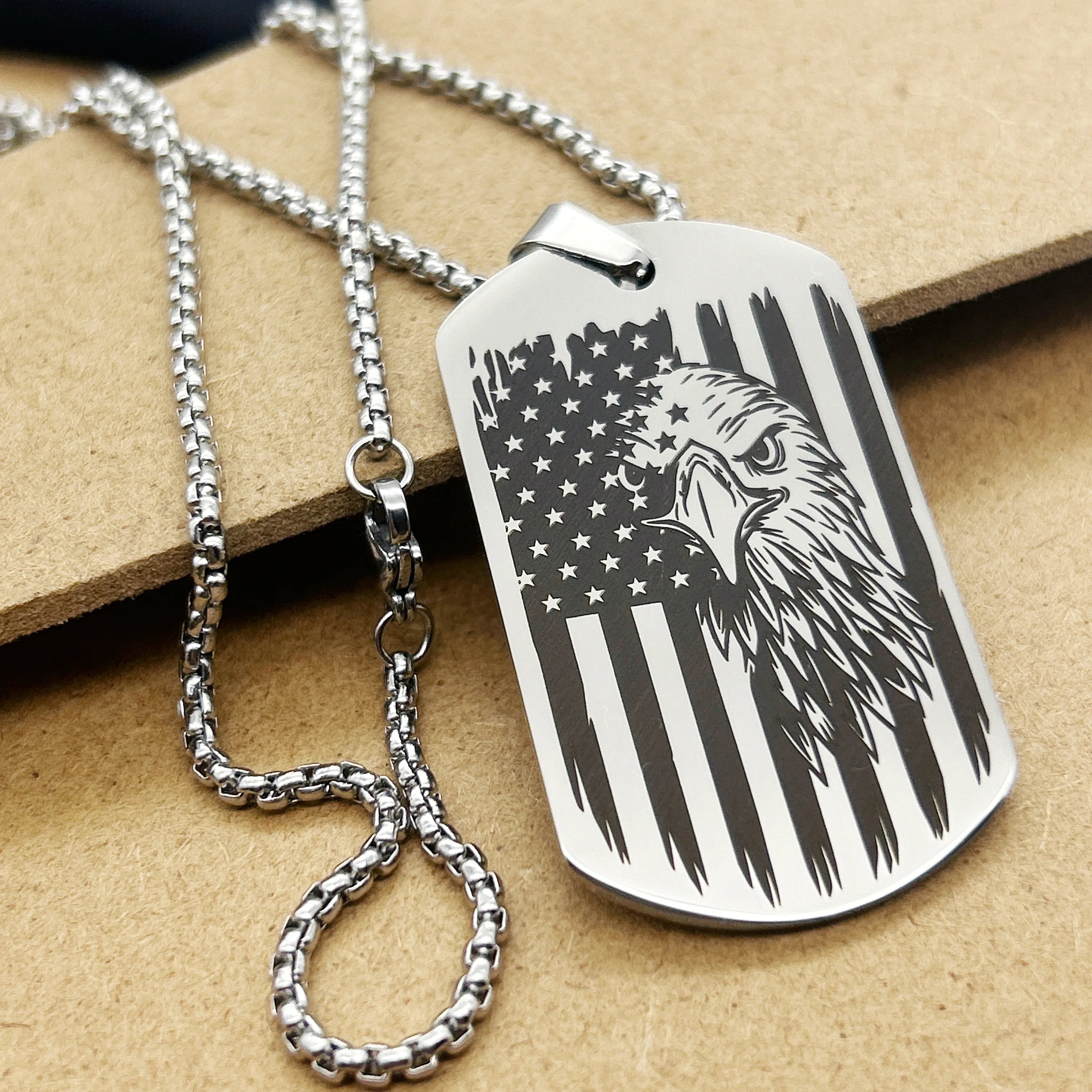 Stainless Steel Pendant Necklace - Engraved Dog Tag Design with Black Chain, Perfect for Independence Day, Jewelry Gift