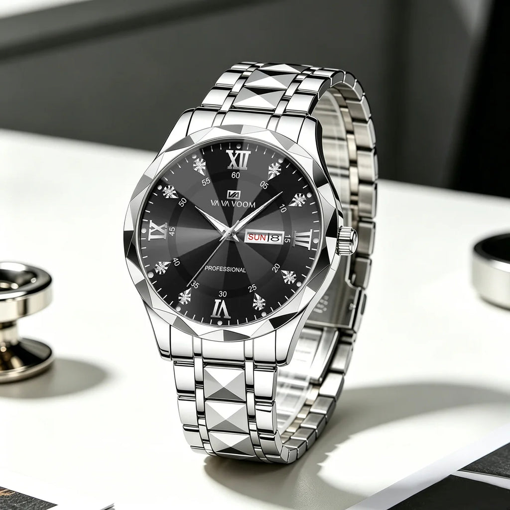 1 Set Mens Watches Local Shipping Luxury style 41mm Blue Dial Rhinestone Scale Calendar & Week Quartz Movement Men's Clock Stainless Steel Gradient Gold Strap Business Watch Men mbzr