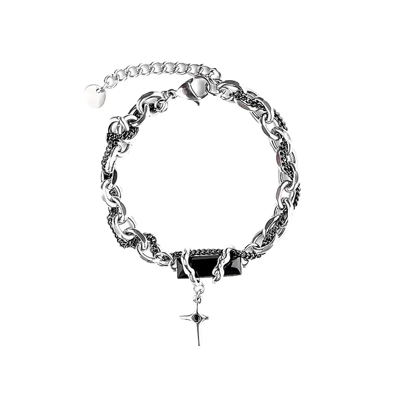 Men Bracelet 2024 Retro Black Zircon Star Chain Women Stainless Steel Punk Bracelets on Hand Unisex Jewelry Couple Accessories