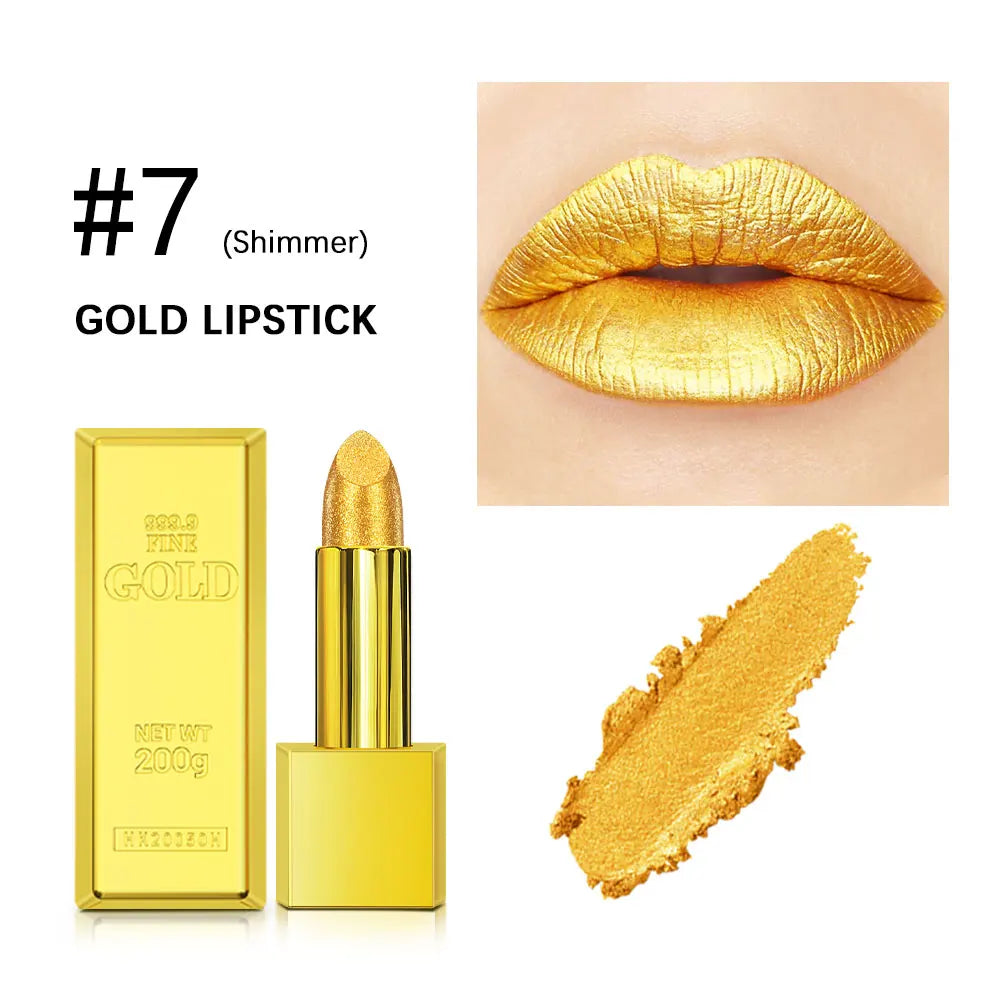Glitter Shimmer Gold Lipstick Long Lasting Waterproof Cosmetic Gold Brick Tube mbzr
