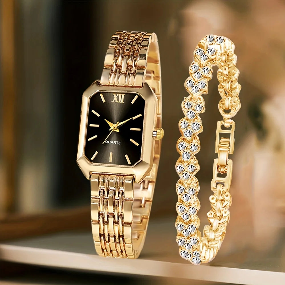 2PCS Fashion Rectangle Women Quartz Watch Rhinestone Bracelet Set Ladies Roma Dial Wristwatch Reloj Mujer Girls Clock Gift mbzr