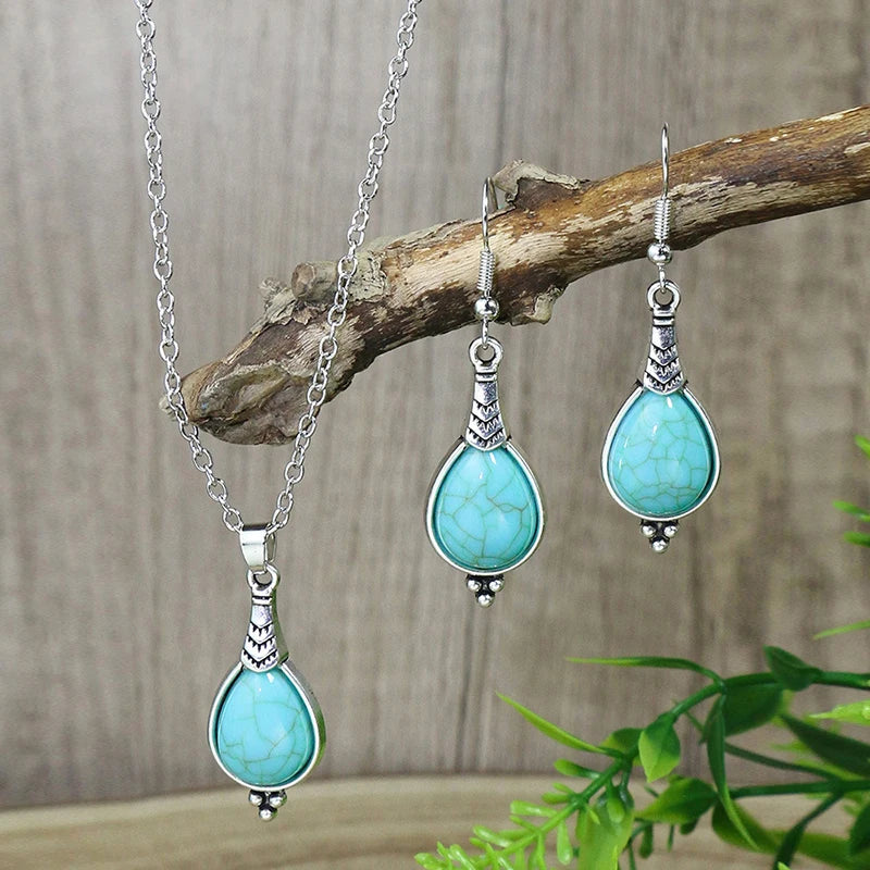 Vintage Bohemian Hollow Round Geometric Necklace Earrings Set for Women Indian Jewelry Ethnic Bule Beads Pendant Jewelry Sets mbzr