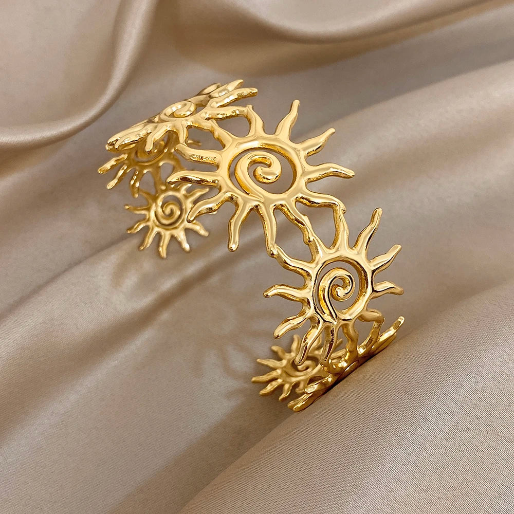 316L Stainless Steel Sunflower Open Cuff  Bangles Bracelet Y2K Gold Plated Waterproof Charms Jewelry Women's Men Gifts