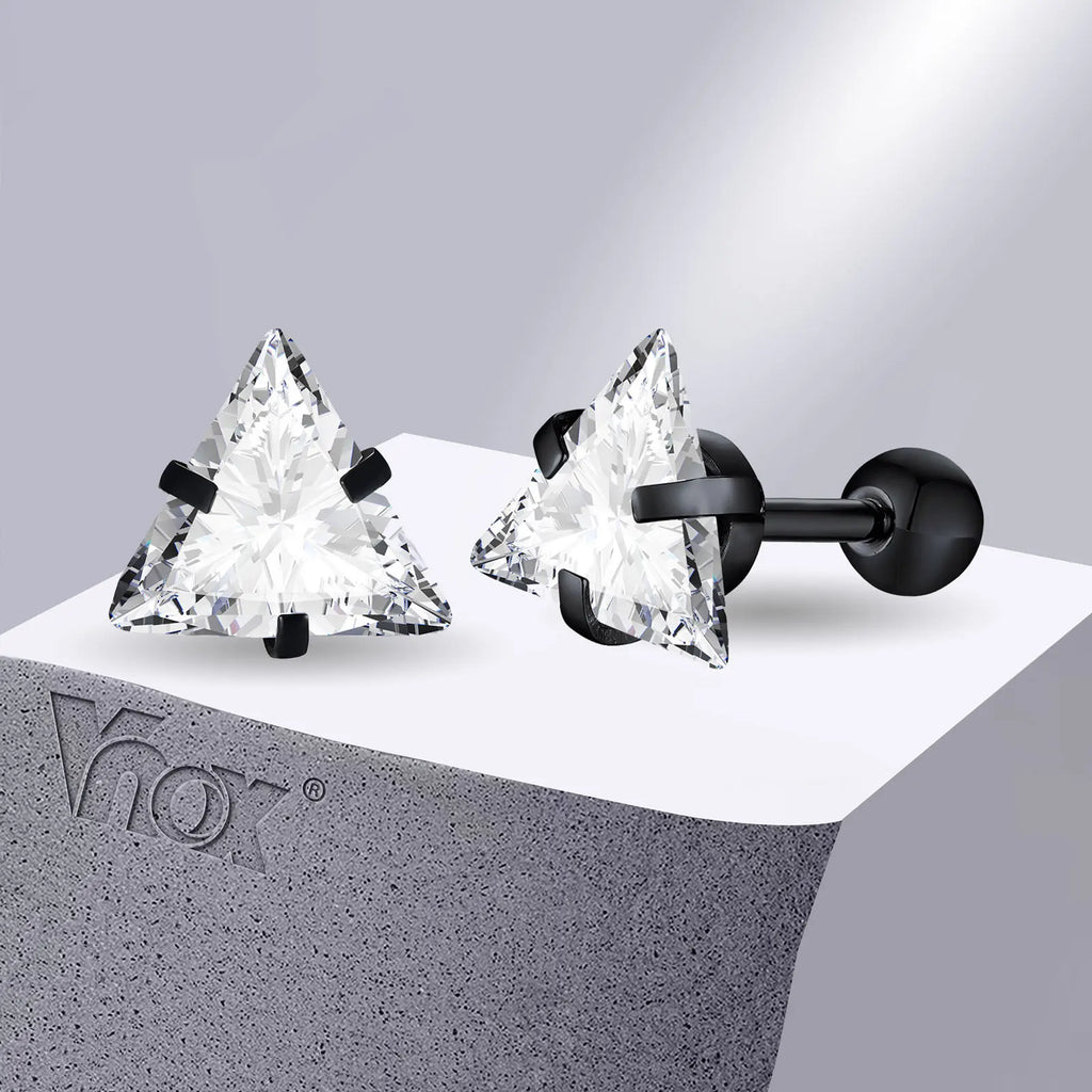 Vnox Stylish Triangle Stud Earrings for Men Women, AAA CZ Stone Unisex Ear Clip Jewelry, Rock Punk Vintage Accessory