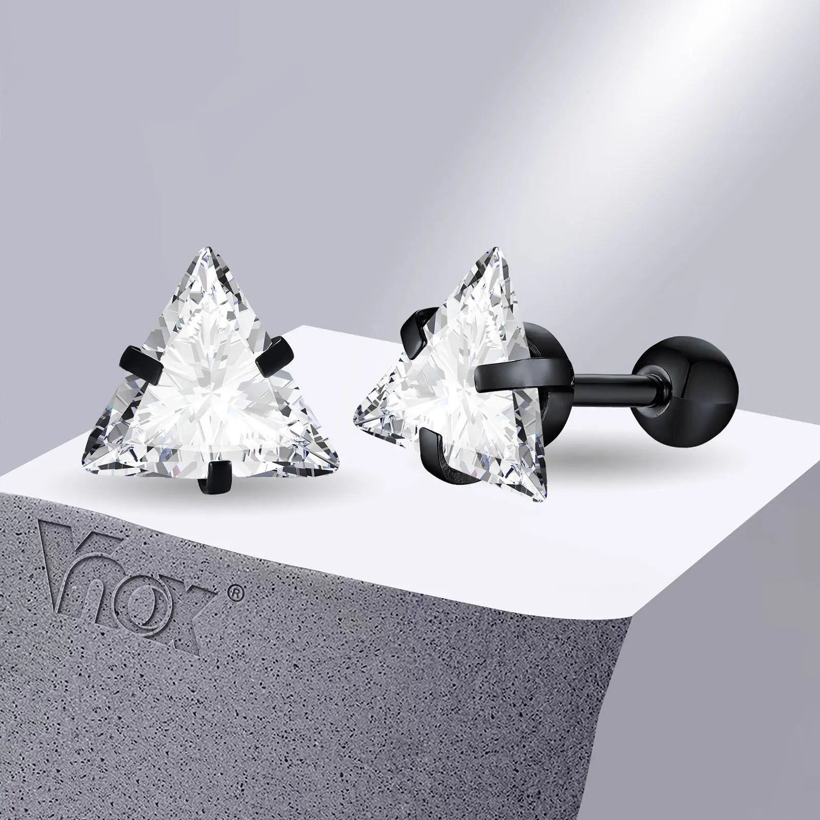 Vnox Stylish Triangle Stud Earrings for Men Women, AAA CZ Stone Unisex Ear Clip Jewelry, Rock Punk Vintage Accessory