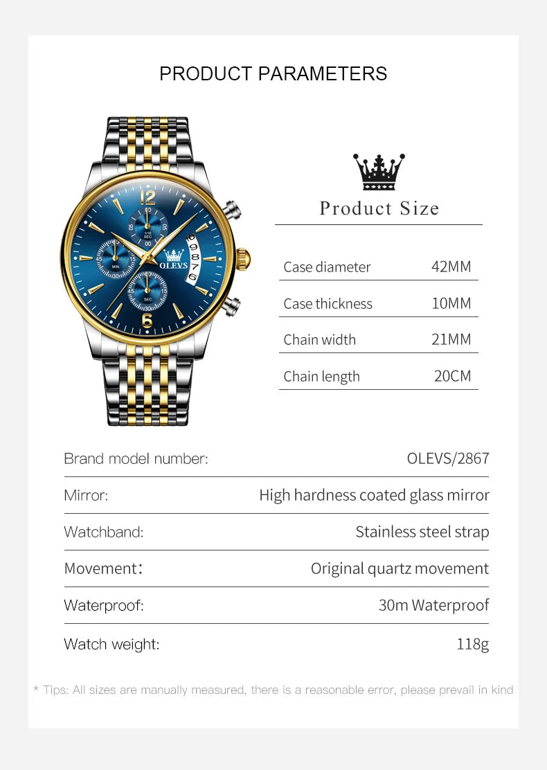 OLEVS Men's Watches Waterproof Luminous Sport Watch Chronograph Multifunction Business Fashion Gold Men's Quartz Watch 2867 mbzr