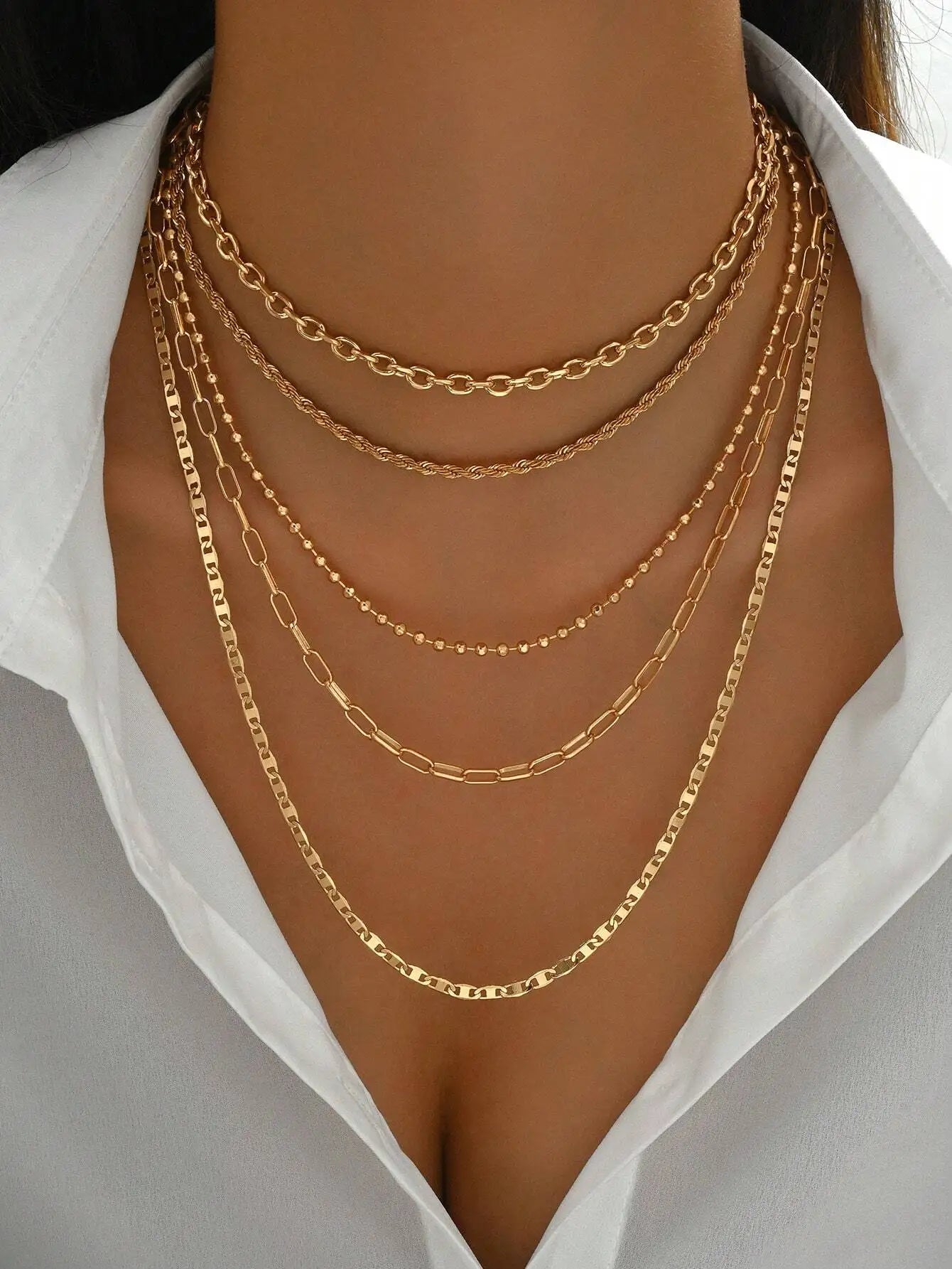 5pcs/Set Simple Braided Bead Chain Necklaces, Gold Tone, Layered Pendant Necklace Set For Women Daily And Party Wear mbzr