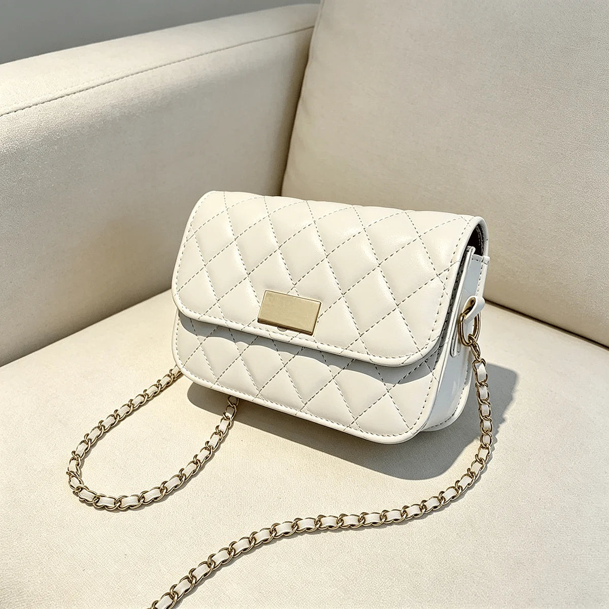Quilted PU Leather Crossbody Bag with Gold Clasp & Chain Strap