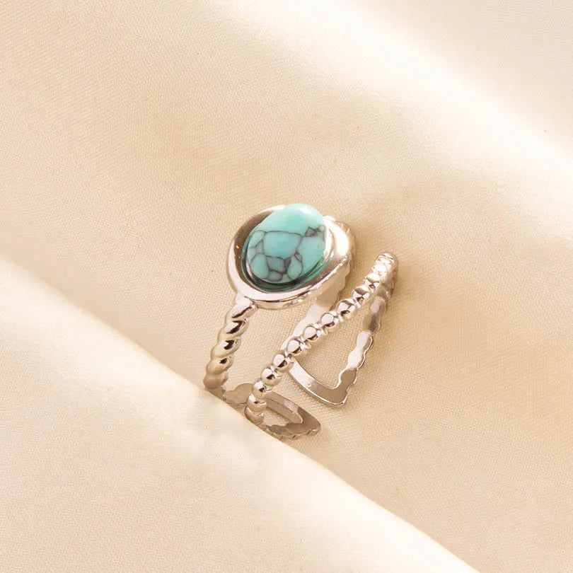 1pc Stainless Steel Boho Turquoise Open Finger Rings Trendy Adjustable Women Multi Layers Stackable