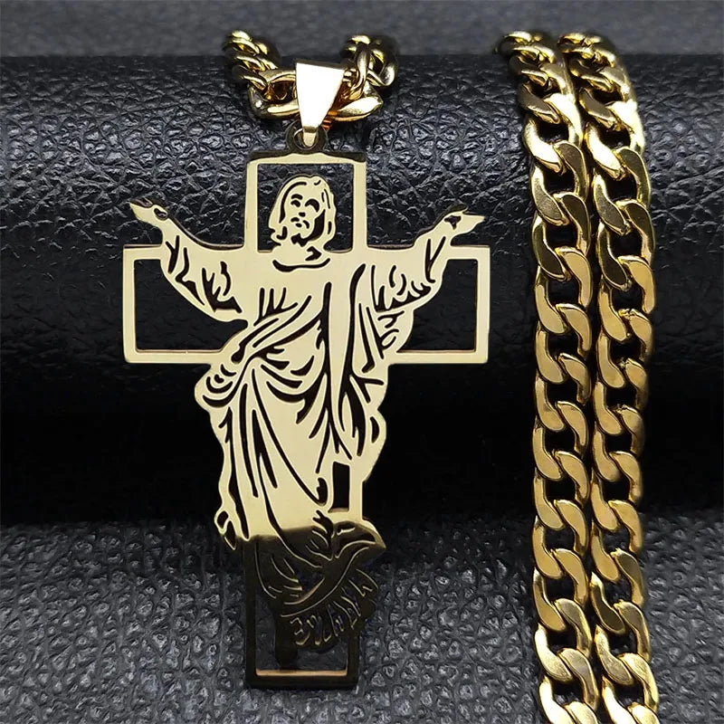 Crown of Thorns Jesus Cross Necklace Stainless Steel Gold Plated Crucifix Pendant Necklaces Jewelry