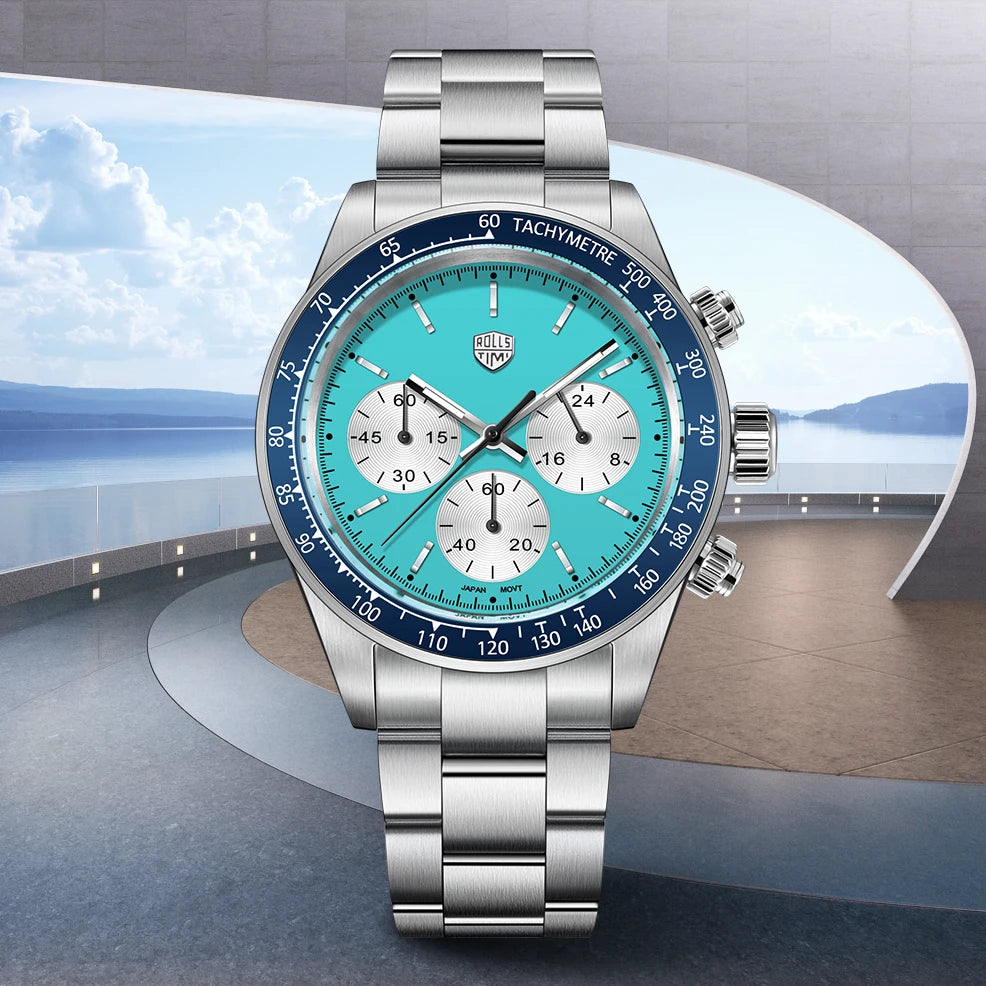 Rollstimi 2026 New Retro Blue Chronograph Luxury Quartz Watch For Men Stainless steel 100M Waterproof Watch Men Japan VK63 Movt mbzr