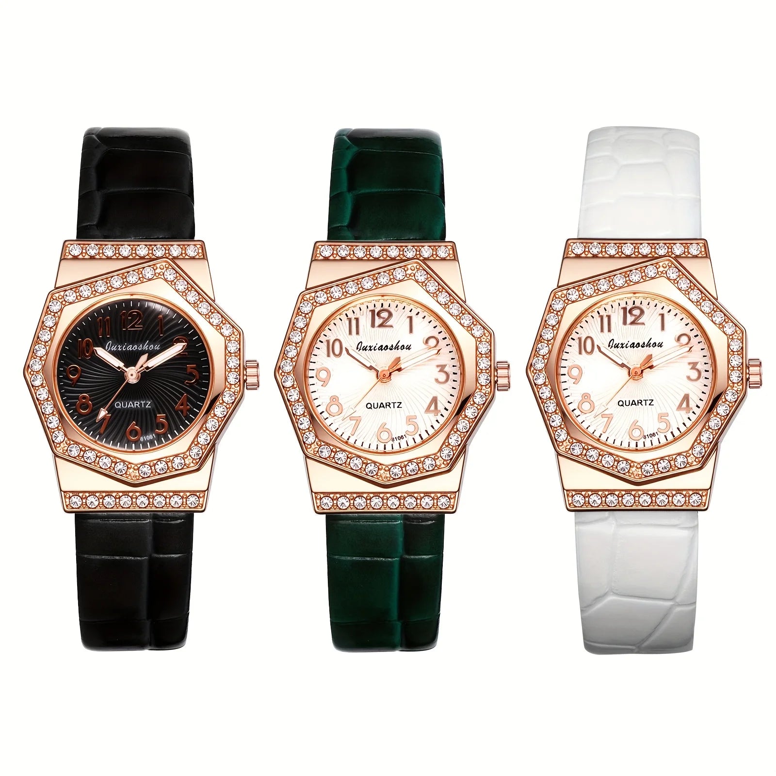 JewelryWe Women's Diamond Octagon Quartz Watch PU Leather