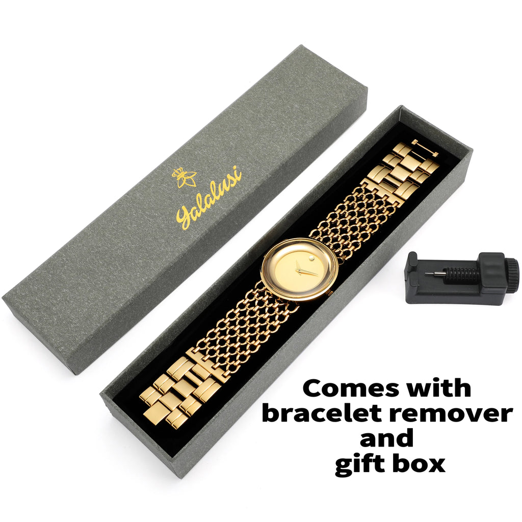 YaLaLuSi Full Gold Hollow Chain Ladies Watch Minimal Rhinestone Dot Dial Luxury Quartz Wristwatch Elegant Women  Gift