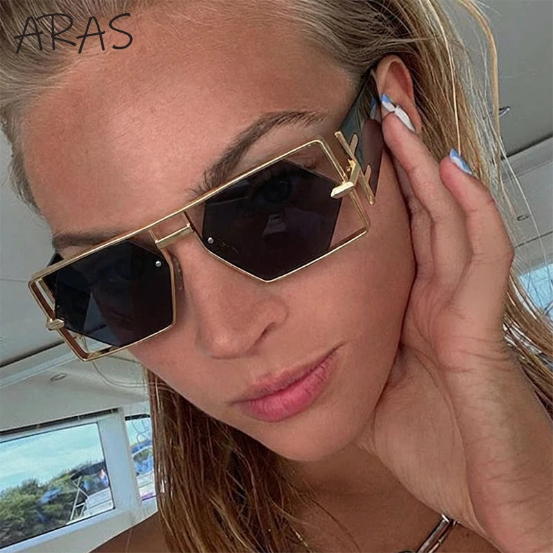 Steampunk Rectangle Sunglasses Hexagon Hollow Metal Vintage Frame Luxury Eyewear UV400 Shades