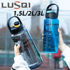 LUSQI 1.5L/2L/3L Sports Water Bottle Large Capacity Plastic Cup Leak-proof With Straw And Time Marker For Home Outdoor Sports mbzr