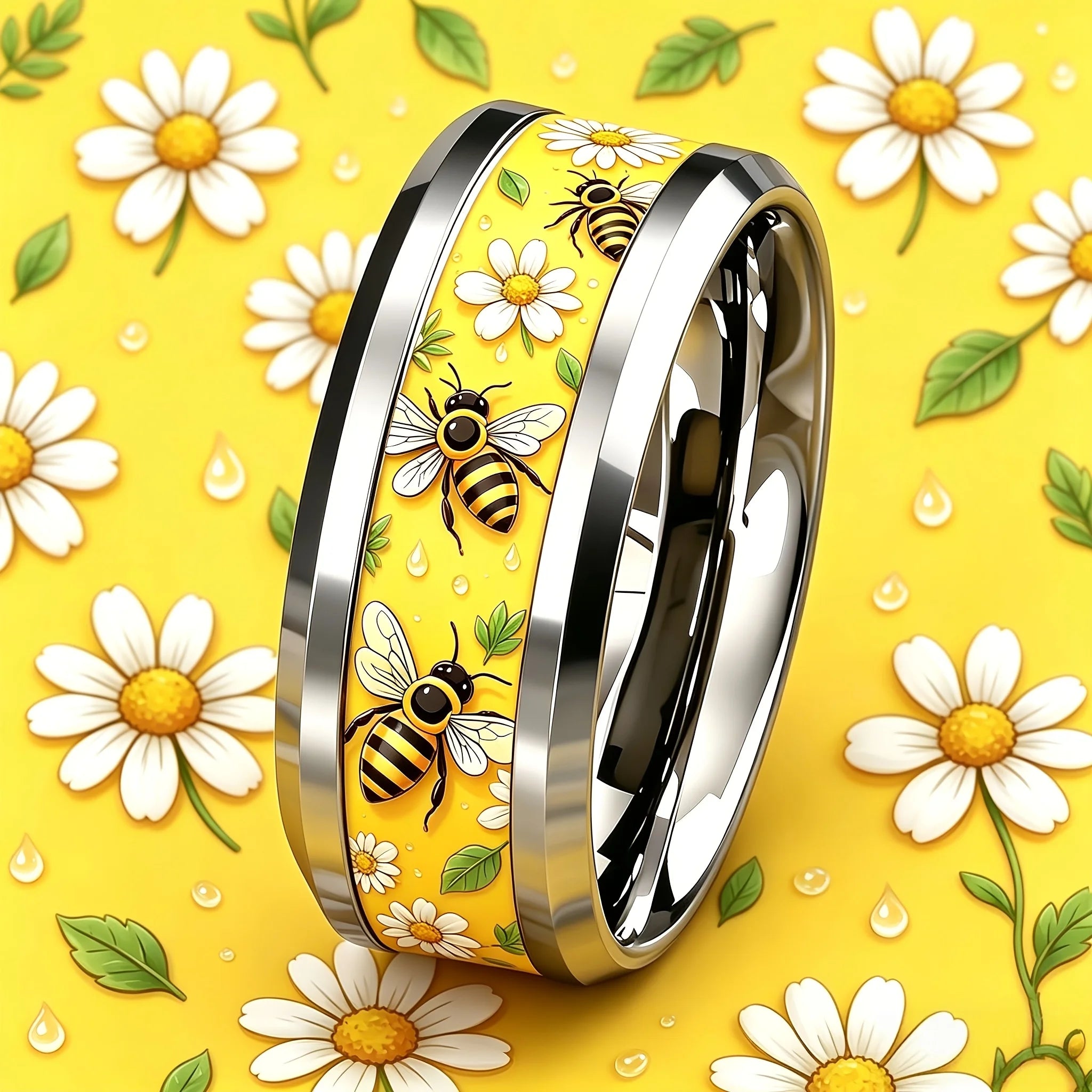 Elegant bee daisy stainless steel ring 8mm wide 304L anti-allergic, scratch-proof, wear-resistant and non-fading ring, male and female couples rings use the same niche design, suitable for student parties/nature lovers/gifts/