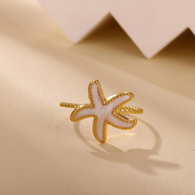 Drip waterproof starfish open ring, fashionable and elegant party stainless steel golden color ring, women's party holiday daily jewelry accessories gift