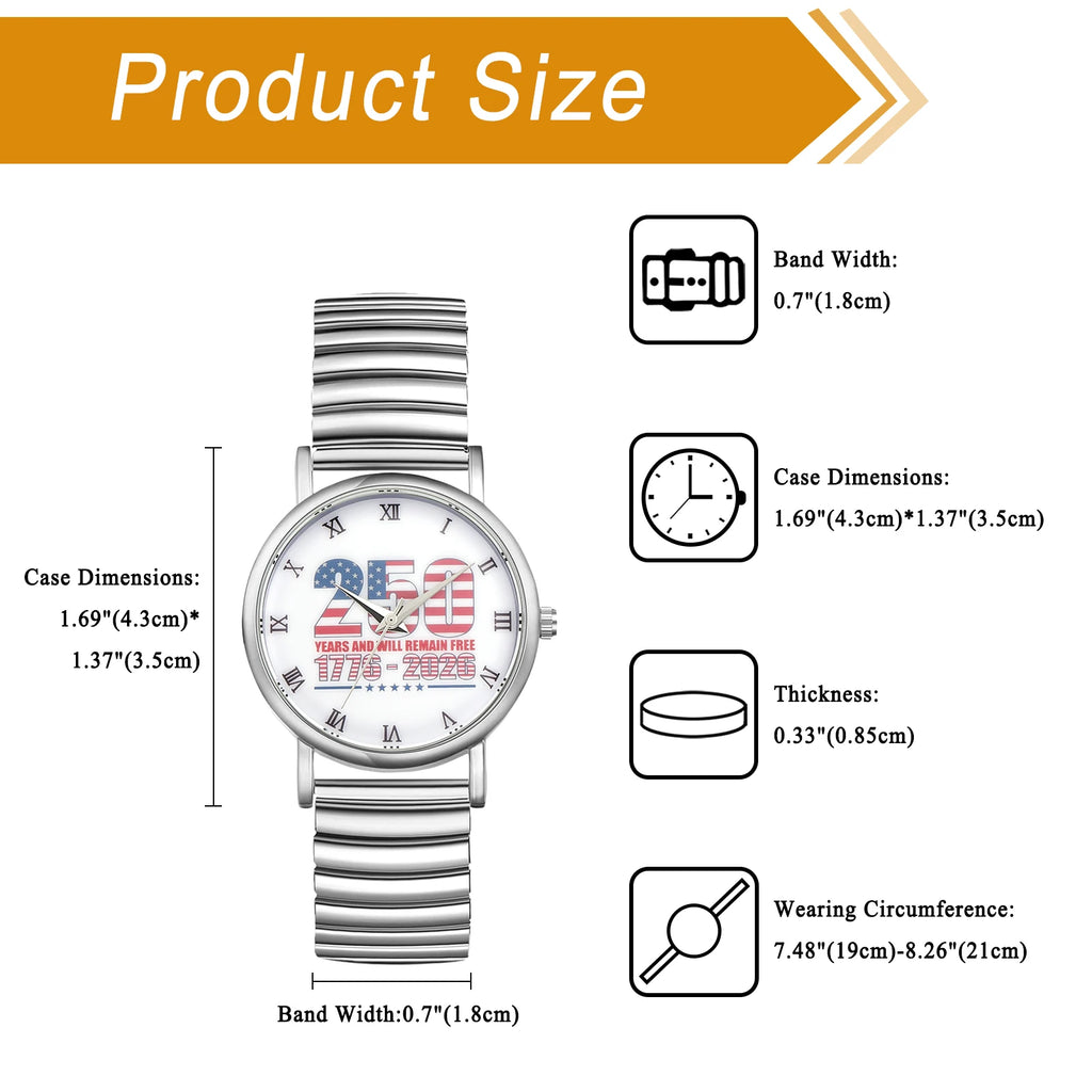 Women's Bohemian Analog Quartz Watch, 250th Anniversary Dial Design, Roman Numeral Markers, Stainless Steel Elastic Expandable Band, Easy Slip-On All-Season Casual Wristwatch mbzr