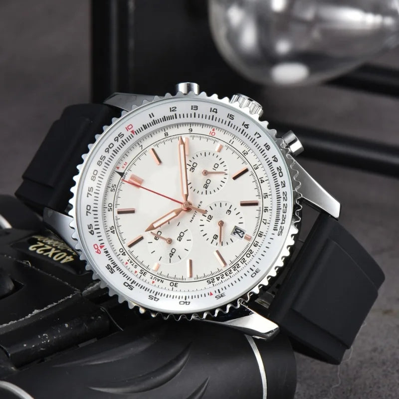 Men Quartz Chronograph Watch Silver Alloy Case Tachymeter Scale Bezel Date Display Soft Silicone Rubber Strap Sports Male Wrist Watch