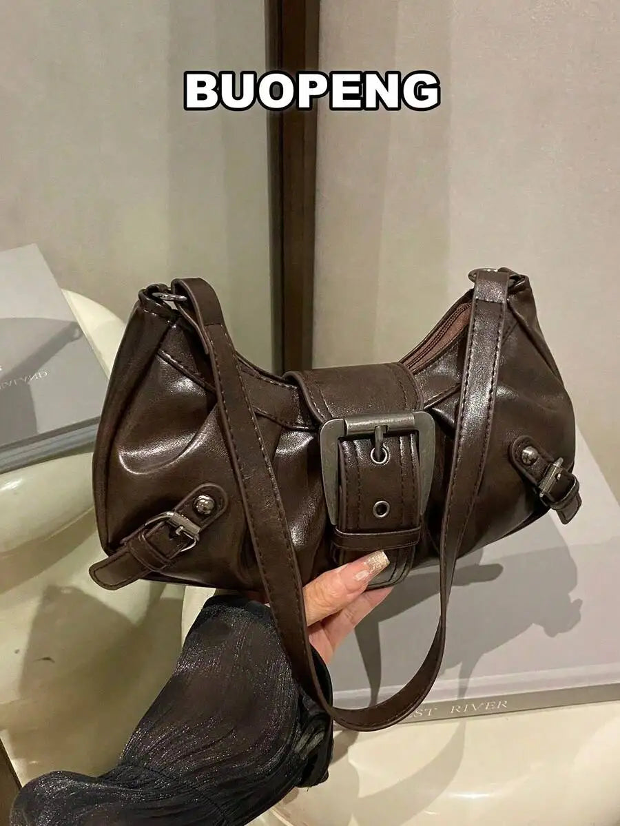 Vintage-Style Saddle Crossbody Bag with Buckle Detail, Soft Faux Leather, Adjustable Strap