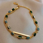 Gold Plated Green Stone Bead Bracelet Women Layered Bar Charm Bangle Minimalist Daily Party Jewelry mbzr