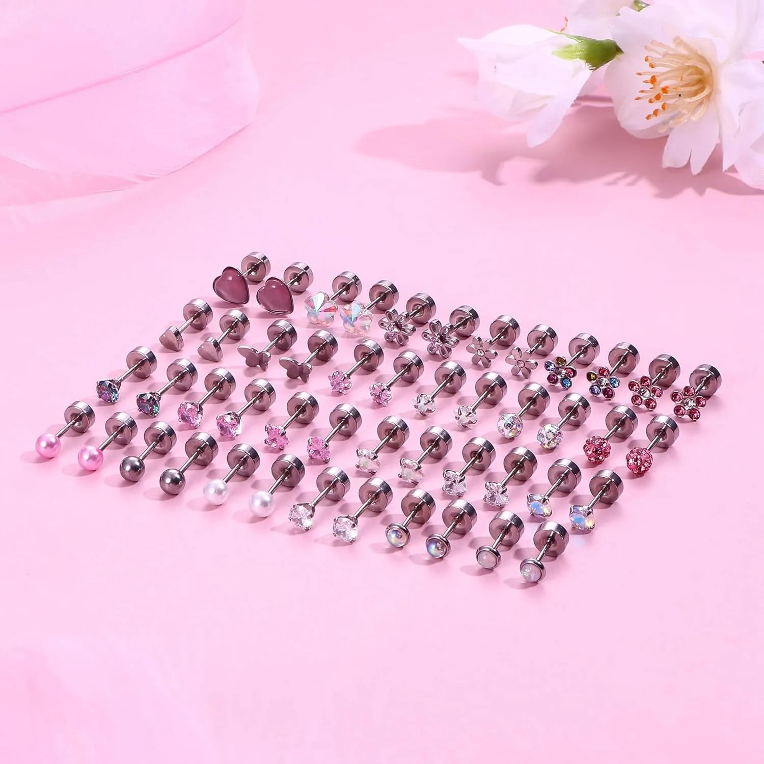 24Pairs Stainless Steel Stud Earrings for Women CZ Screw Back 4mm Tiny Flat Back Studs Cute Dainty Jewelry Gift Set 16G 18G