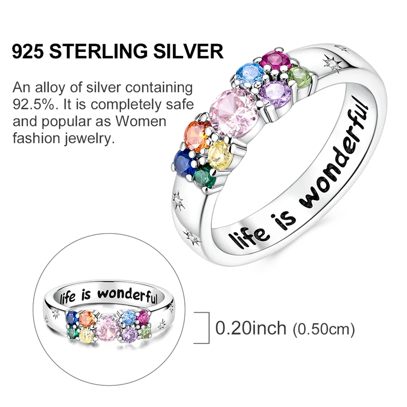 Original 925 Sterling Silver Ring Colorful Diamonds Cubic Zircon Finger Ring for Women