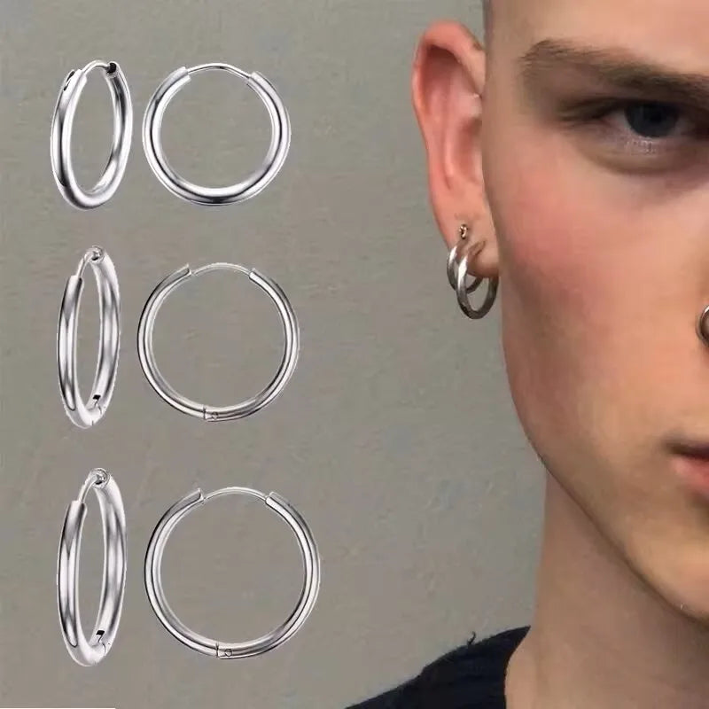 Classic Stainless Steel Hoop Earring for Men Boys,Anti Allergy Metal Huggies Hoop Earring,Simple Male Stacked Earring Jewelry