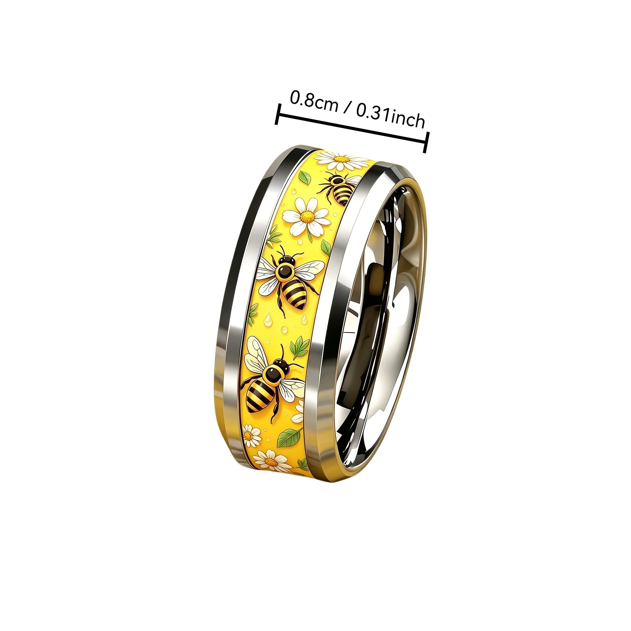 Elegant bee daisy stainless steel ring 8mm wide 304L anti-allergic, scratch-proof, wear-resistant and non-fading ring, male and female couples rings use the same niche design, suitable for student parties/nature lovers/gifts/