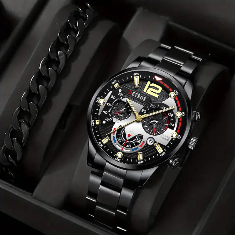 2pcs Luxury Mens Silver Quartz Watch With Stainless Steel Bracelet Men Fashion Business Casual Watch Luminous Clock mbzr