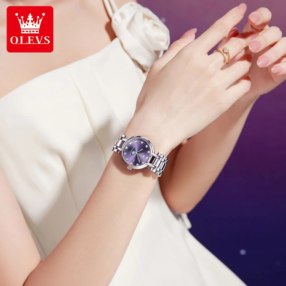 OLEVS 5573 Women's Watch Waterproof Star Moon Diamond Roman Scale Dial Solid Stainless Steel Elegant Luxury Quartz Women Watch mbzr