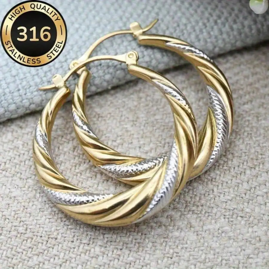 316 Stainless Steel Two-tone Twisted Hoop Earrings, Classic Retro Textured Jewelry