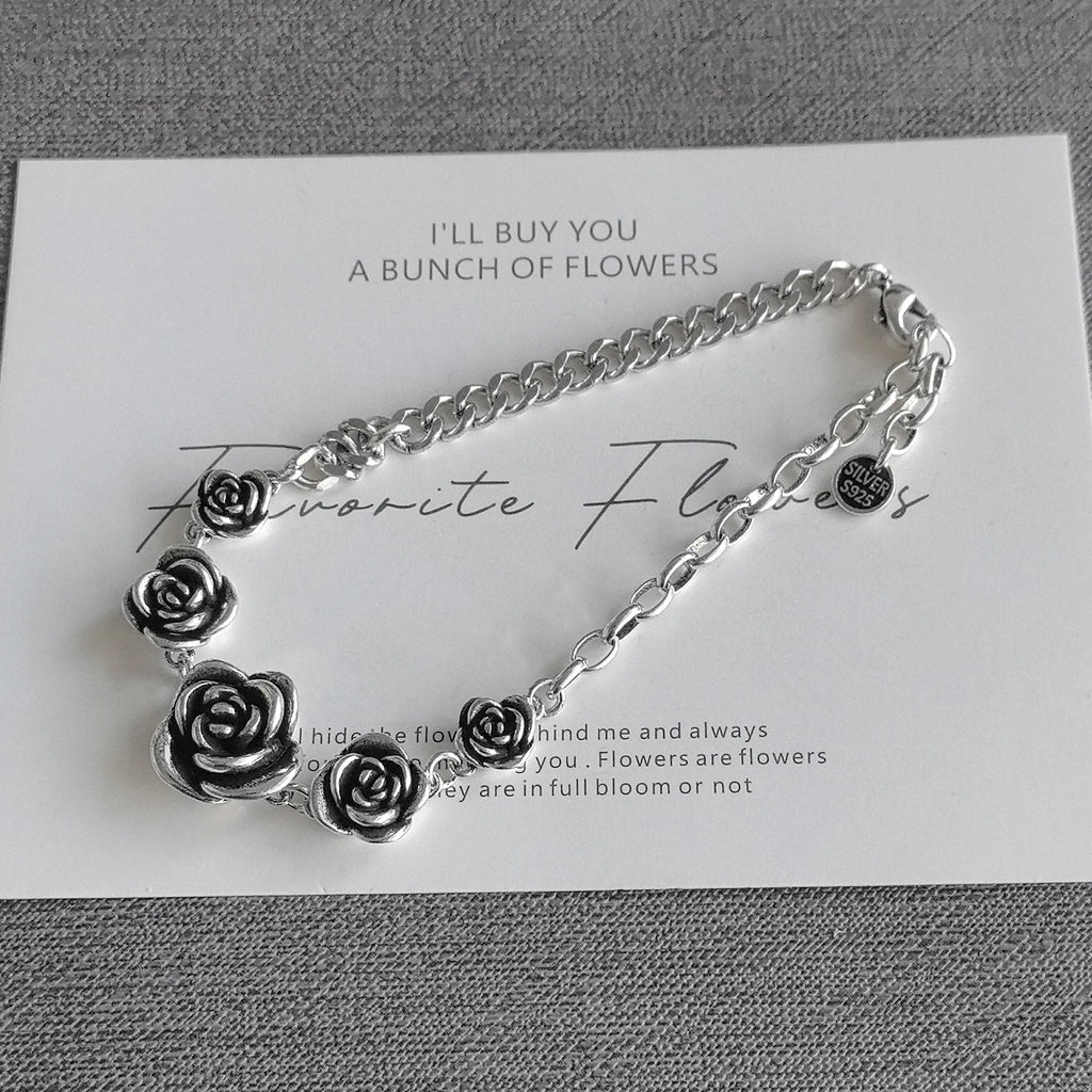 925 Sterling Silver Bracelet Rose Flower Linked Vintage Punk Adjustable Chain For Woman Girl Jewelry Gift Dropship Wholesale