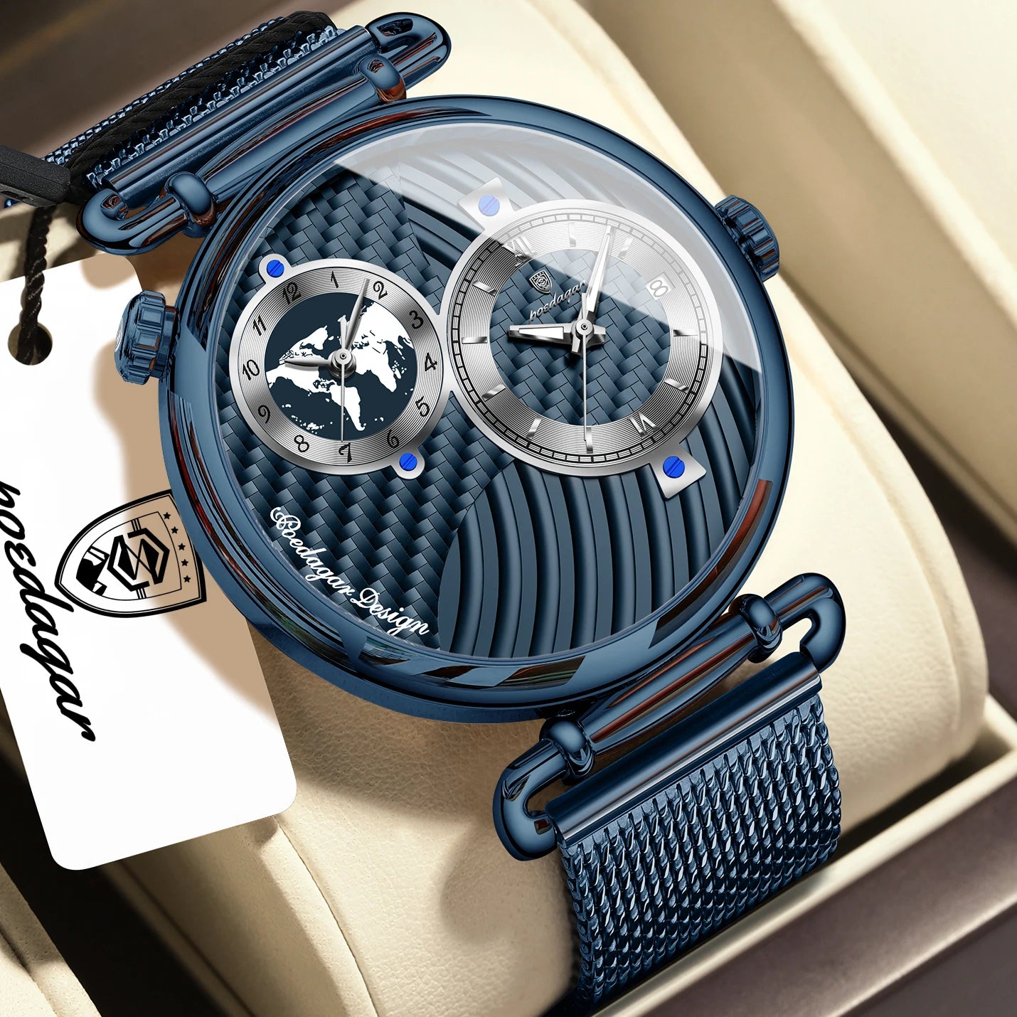 POEDAGAR Original Fashion Man Wristwatch Multiple Time Zone Display Waterproof Calendar Men Watch Mesh Stainless Steel Quartz Business Men's Watches Reloj