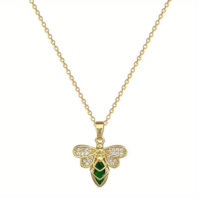 Green Bees Luxury Style Glittering Diamond Necklace for Women, Versatile Collar Chain, Titanium Steel Chain