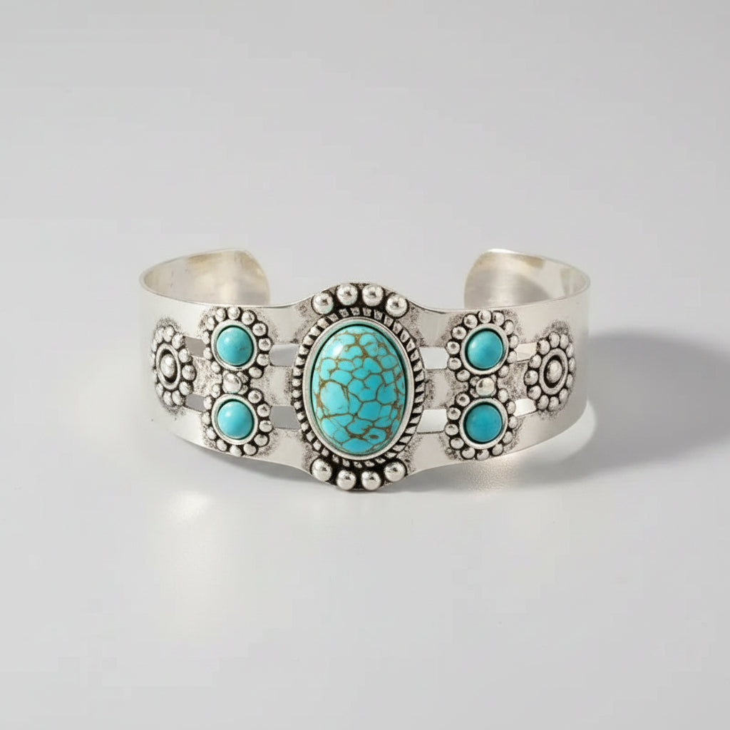 Vintage Bohemian Style Artificial Inlaid Turquoise Cuff Bangle Creative Design mbzr