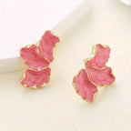 Pink Gradient Enamel Petal Stud Earrings Gold Metal Trim Irregular Flower Petal Earrings Elegant Romantic Floral Jewelry for Women Daily Party Wear