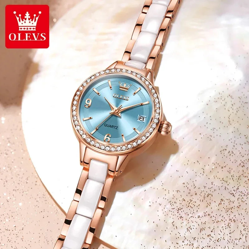 OLEVS Luxury Quartz Watch Women Elegant Ceramics Strap Waterproof Auto Date Luxury Lap Ladies Watches 7093 mbzr